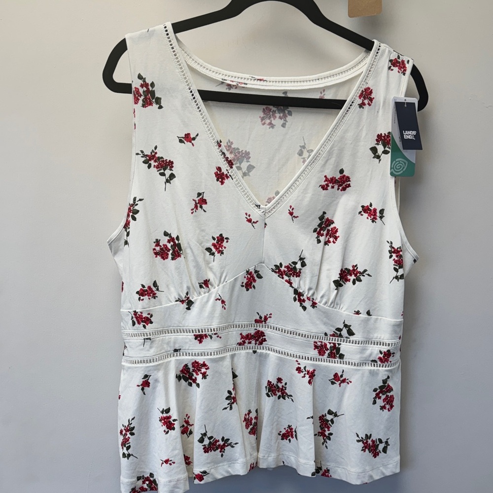 Lands' End White V-Neck Tank with Red Floral Print and Green Leaves